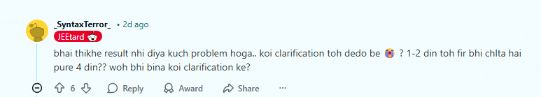NTA Delayed JEE Main 2026 Result: Student’s reaction on Reddit