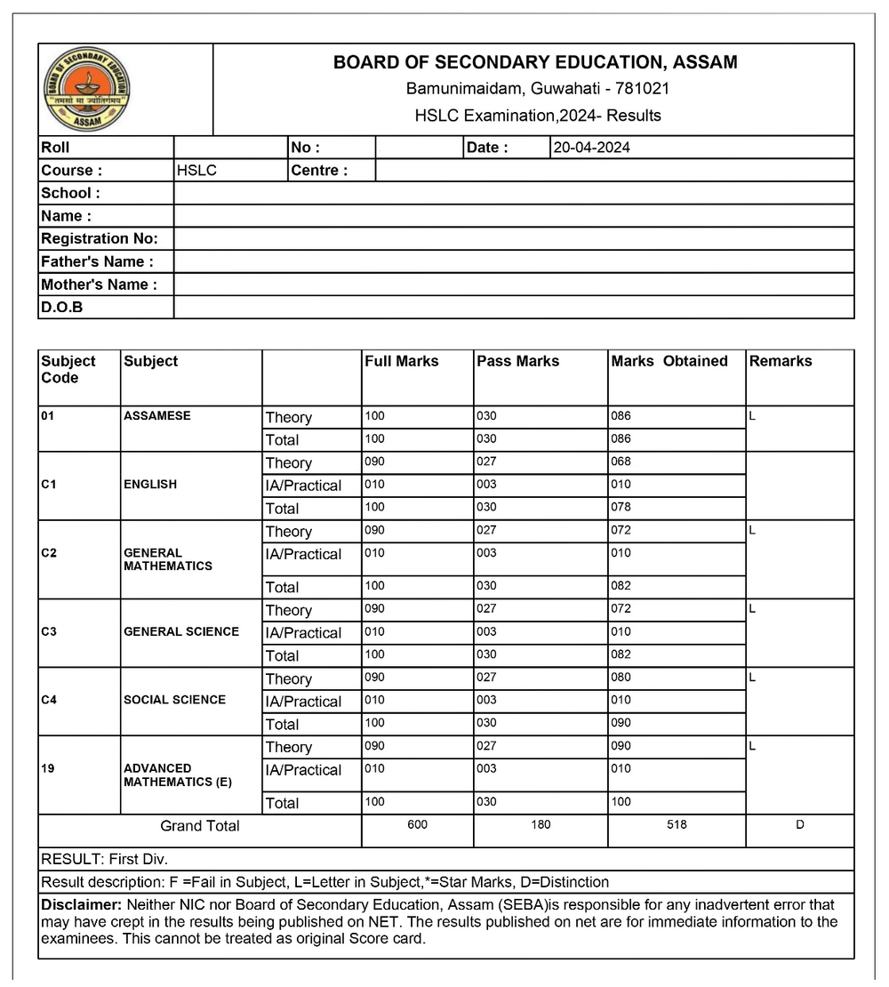 Sample HSLC Exam Mark sheet