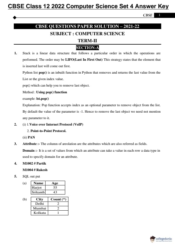 CBSE Class 12 Computer Science Question Paper 2022 with Answer Key ...