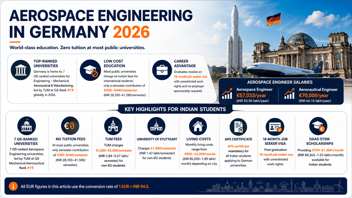 This infographic titled &ldquo;Aerospace Engineering in Germany 2026&rdquo; uses a clean blue, white, and orange design with visuals of a rocket, aircraft, the German flag, and Berlin&rsquo;s Reichstag building. The infographic highlights Germany as a leading destination for Aerospace Engineering, featuring 7 QS-ranked universities in Engineering &ndash; Mechanical, Aeronautical and Manufacturing, led by the Technical University of Munich (TUM), ranked #19 globally. Key information includes zero tuition fees at most public universities, with only a semester contribution of &euro;300&ndash;&euro;440, while TUM charges &euro;3,000&ndash;&euro;6,000 per semester and the University of Stuttgart charges &euro;1,500 per semester for non-EU students. A dedicated section for Indian students outlines monthly living costs of &euro;900&ndash;&euro;2,000, the mandatory APS certificate requirement, an 18-month post-study job seeker visa with unrestricted work rights, and DAAD STEM scholarships worth &euro;934&ndash;&euro;1,300+ per month. The infographic also highlights average annual salaries of &euro;57,033 for Aerospace Engineers and &euro;70,000 for Aeronautical Engineers, with all euro-to-INR conversions based on 1 EUR = INR 94.5.
