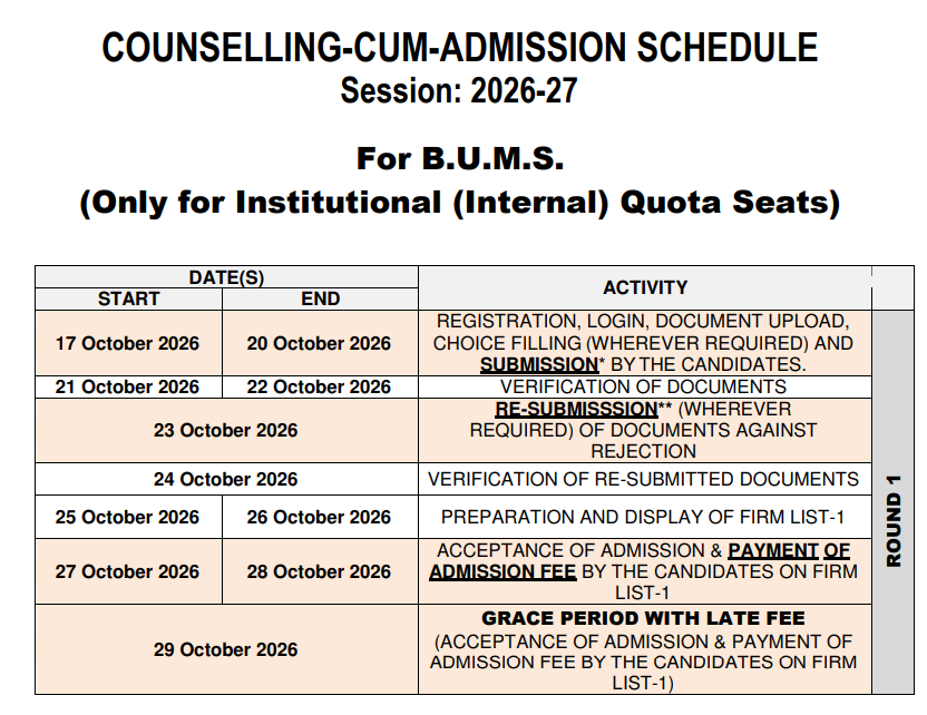 AMU BUMS 2026-27 Important Dates