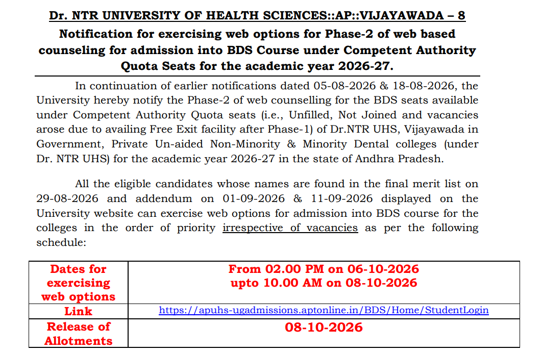 AP NEET UG BDS Phase 2 Important Dates