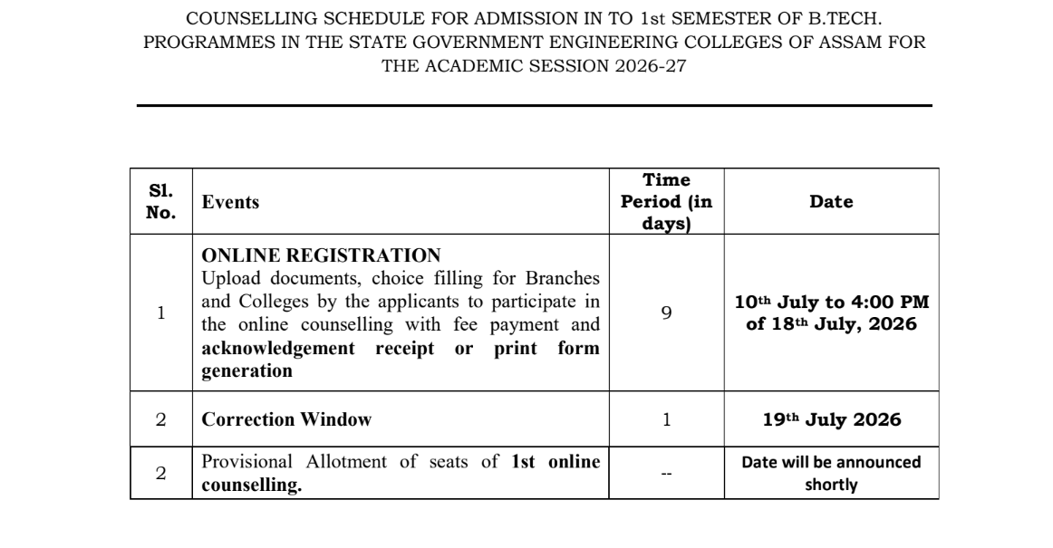 Assam CEE 2026 Counselling Deadline Extended at dte-assambtech.samarth.edu.in; Check Steps to Register