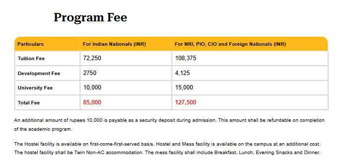 Fee Structure as per website-