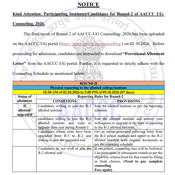 AYUSH NEET UG Round 2 2026 Important Dates