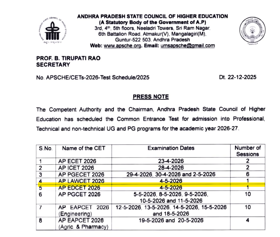 AP LAWCET 2026 Exam Schedule