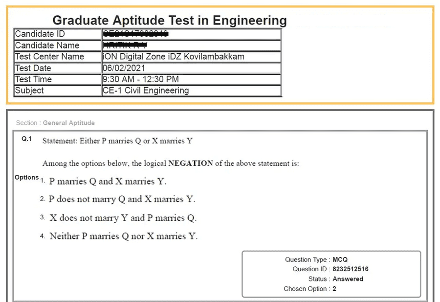 GATE 2026 Response Sheet Sample