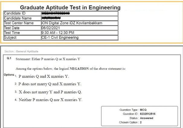 GATE 2026 Response Sheet Sample