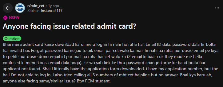 Reddit Discussion on MHT CET 2026 Admit Card Error 