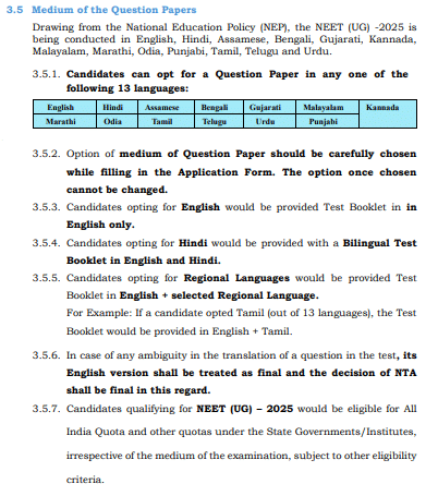NEET 2026: Medium of Question Paper