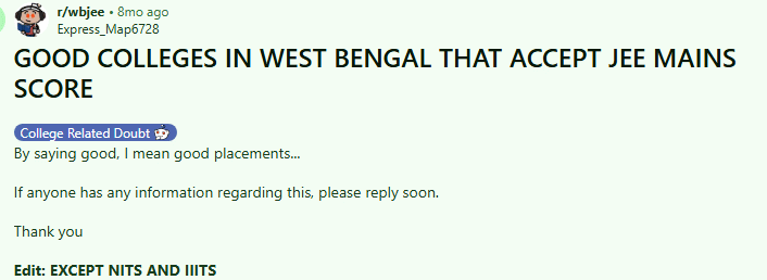 NIT Durgapur, IIEST Shibpur, and IIIT Kalyani are the best colleges in West Bengal that accept JEE Main scores