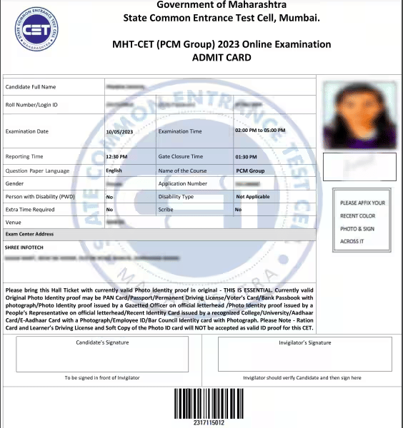 MHT CET 2026 Admit Card Sample
