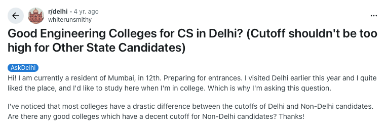 reddit discussion on jee main marks colleges in Delhi