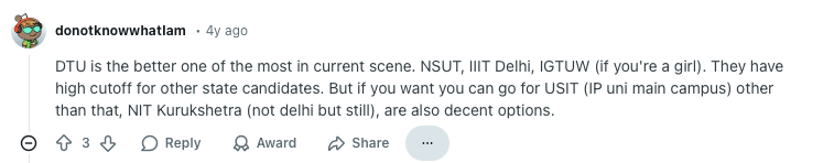 reddit discussion on jee main marks colleges in Delhi