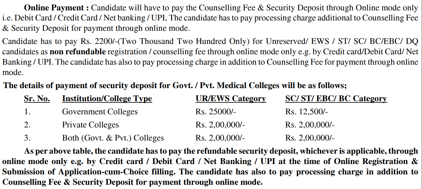 Bihar PGMAC 2026 Registration Fee and Security Deposit