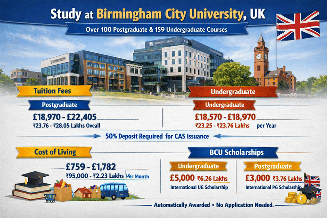 Landscape infographic titled Study at Birmingham City University, UK showing tuition fees, cost of living, and scholarships for international students. The top features the university’s modern campus buildings and a British flag. Tuition fees are displayed for postgraduate (£18,970–£22,405, ₹23.76–₹28.05 Lakhs overall) and undergraduate (£18,570–£18,970, ₹23.25–₹23.76 Lakhs per year) courses, with a note that 50% deposit is required for CAS issuance. The cost of living section shows £759–£1,782 (₹95,000–₹2.23 Lakhs per month) with icons of a house, shopping bag, and bus. The scholarships section lists Undergraduate £5,000 (₹6.26 Lakhs) and Postgraduate £3,000 (₹3.76 Lakhs), both automatically awarded without application.