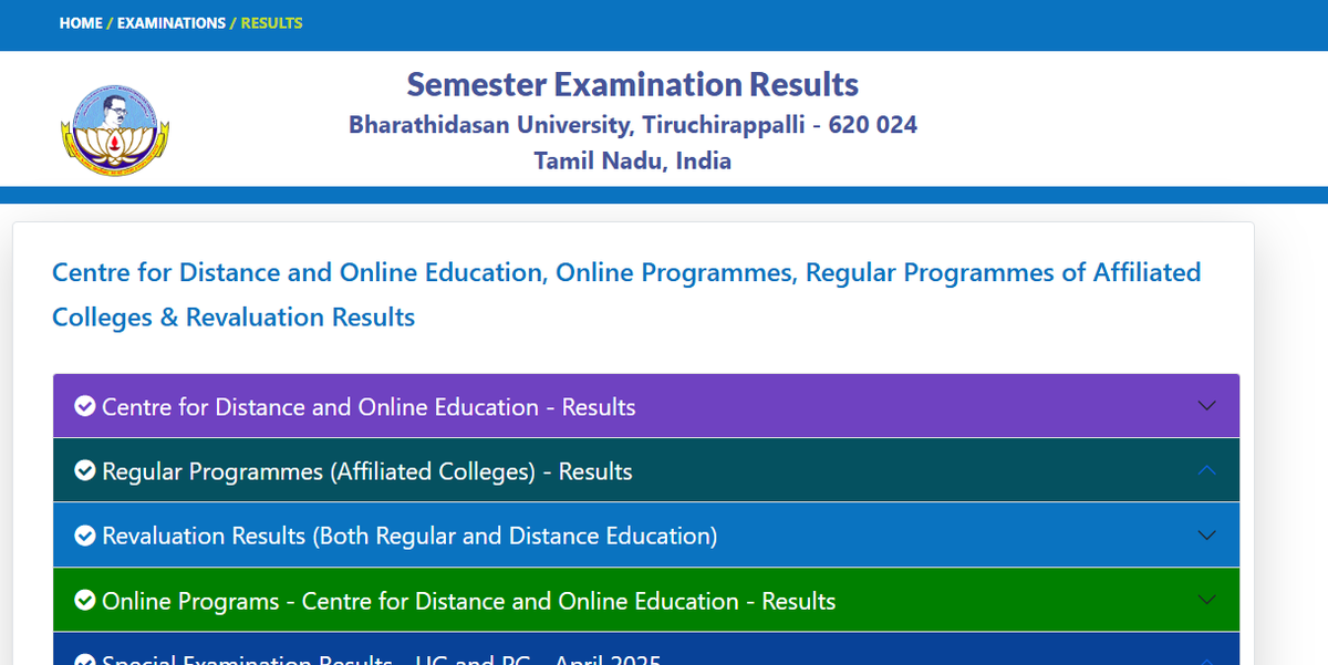  Bharathidasan University Result portal 