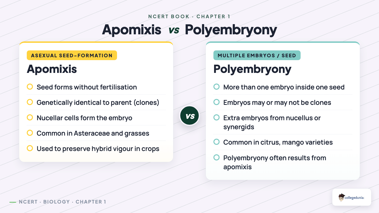 Apomixis vs Polyembryony comparison in flowering plants with examples