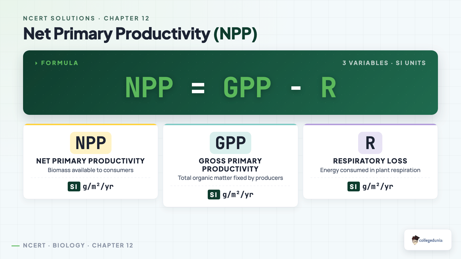 Net Primary Productivity formula: NPP equals GPP minus respiratory loss