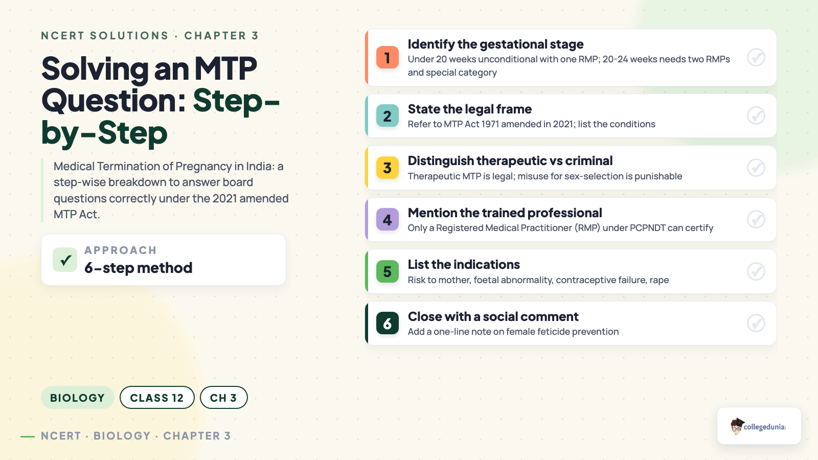 Step-by-step approach to solving NCERT Solutions questions on Medical Termination of Pregnancy in Class 12 Biology Reproductive Health