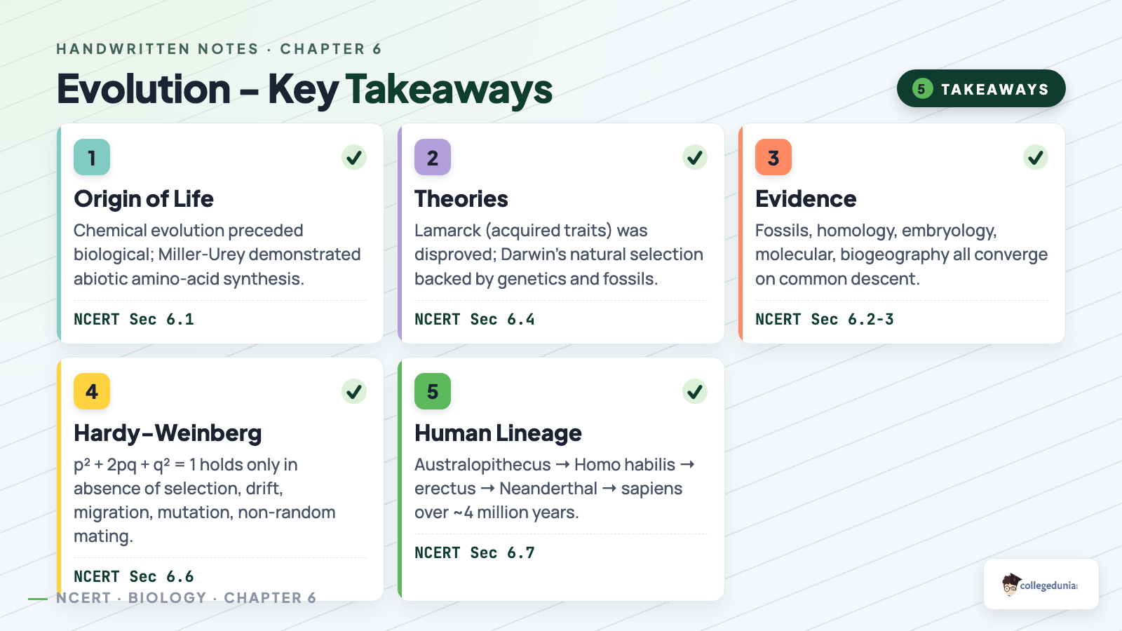 Five key takeaways for Class 12 Biology Evolution handwritten notes quick revision