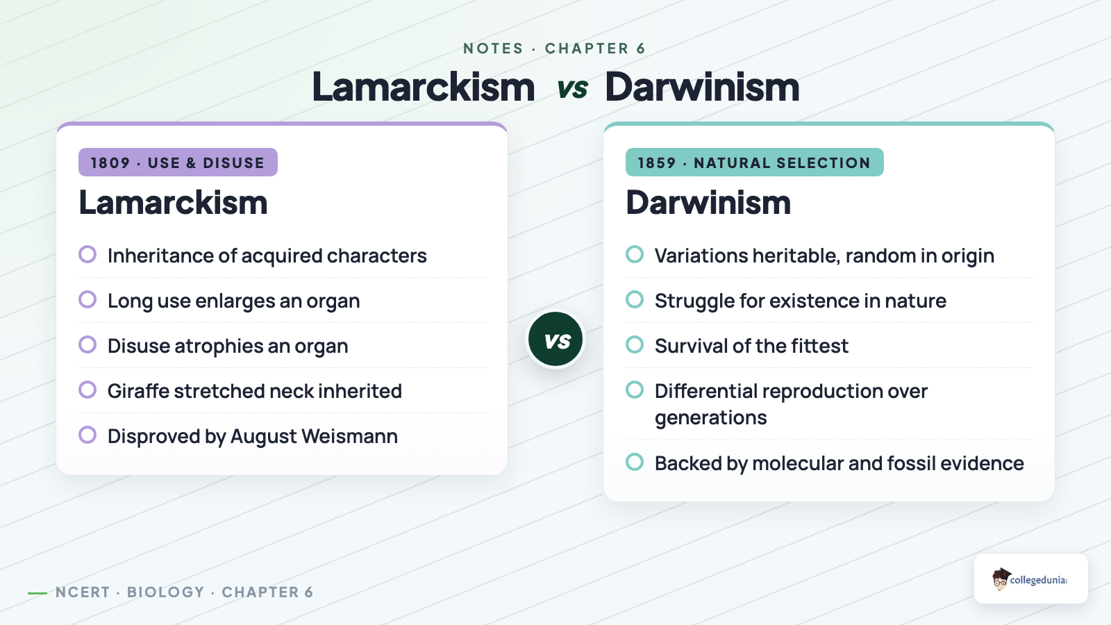Lamarckism vs Darwinism side-by-side comparison for Class 12 Biology Evolution notes