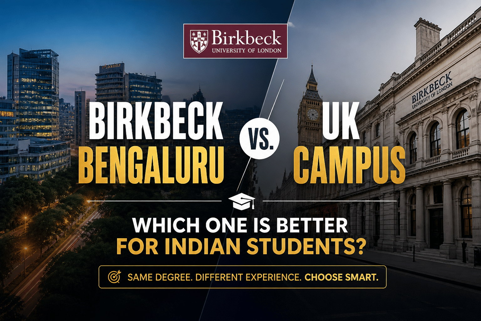 Split-banner comparison image showing Bengaluru&rsquo;s modern skyline on the left and London&rsquo;s historic university architecture on the right, with bold centered text reading &ldquo;Birkbeck Bengaluru vs UK Campus&rdquo; and the question &ldquo;Which One Is Better for Indian Students?&rdquo;, along with a highlighted line: &ldquo;Same Degree. Different Experience. Choose Smart.&rdquo;