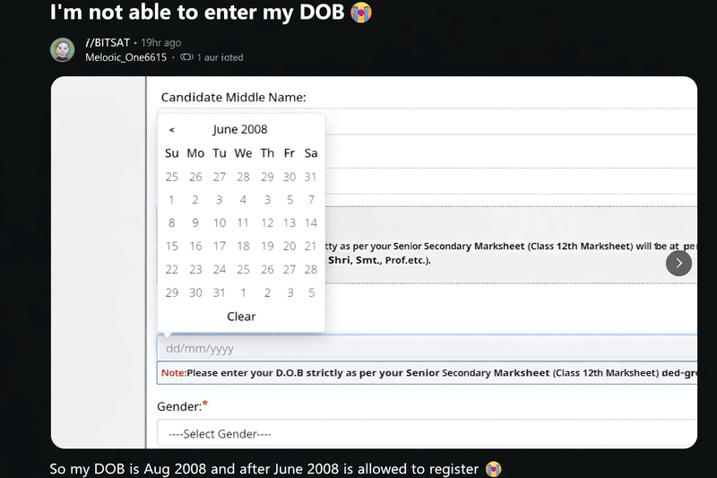 BITSAT 2026 Applicants Report DOB Selection Error in Online Application Form