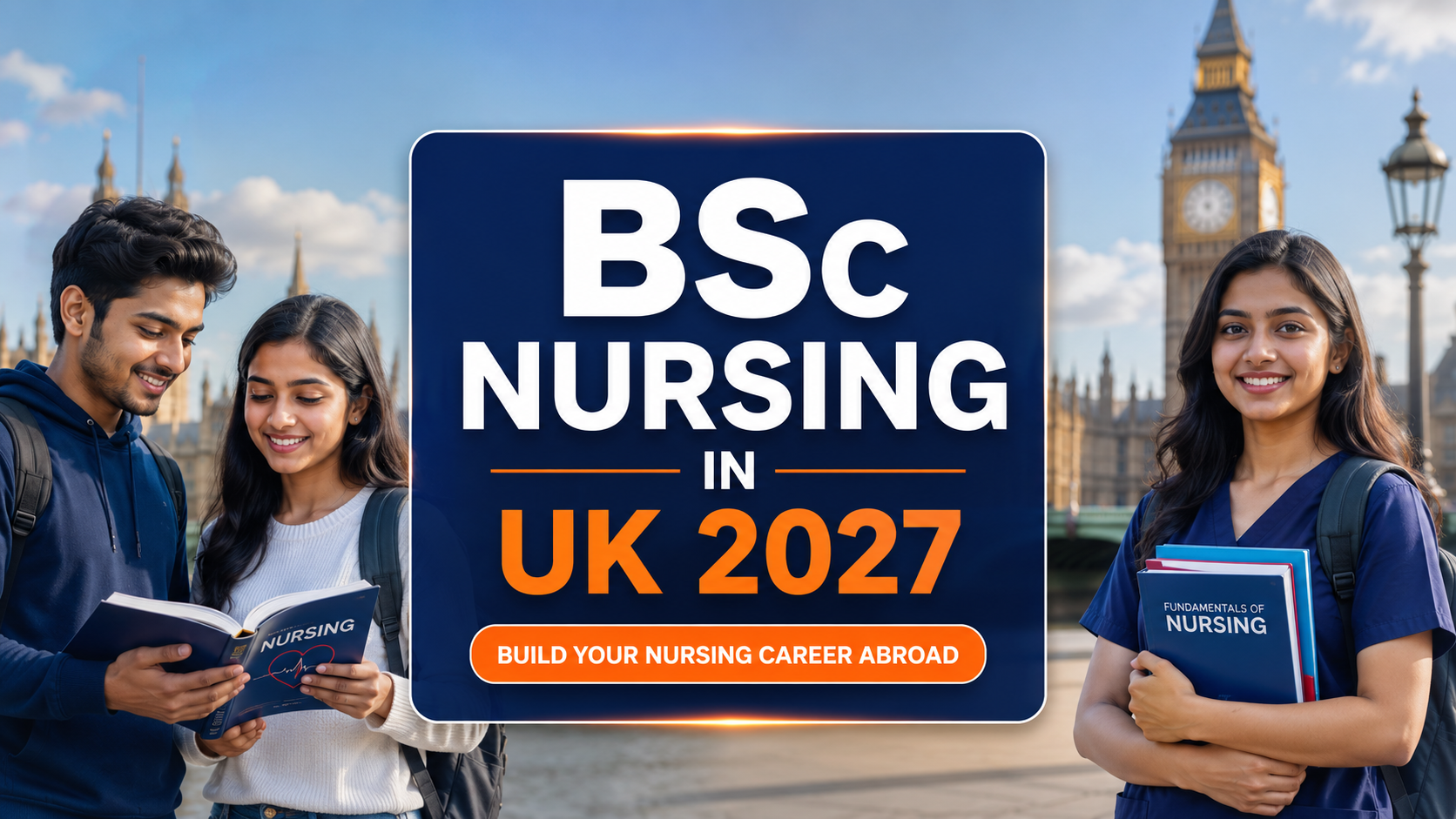 A clean promotional graphic for BSc Nursing in the UK 2027, featuring a smiling South Asian nursing student in blue scrubs with a stethoscope and books, alongside key details: a 3-year NMC-accredited programme, annual fees of &pound;24,400&ndash;&pound;33,600, and a &pound;32,073 NHS Band 5 starting salary.