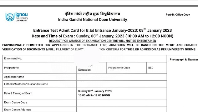 IGNOU B.Ed Admit Card 2026: Details Mentioned