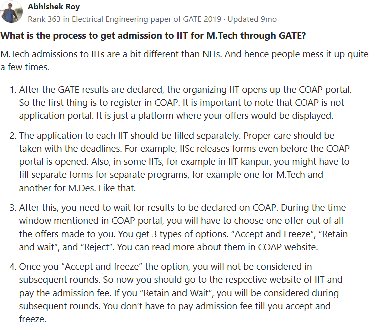 Detailed Admission process to IIT for M.Tech through GATE