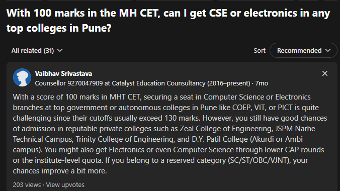100 Marks in MHT CET Percentile: Quora Discussion
