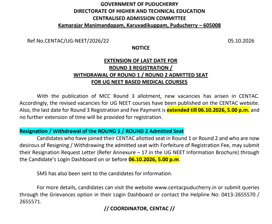 CENTAC NEET UG 2026 Round 3 Important Dates