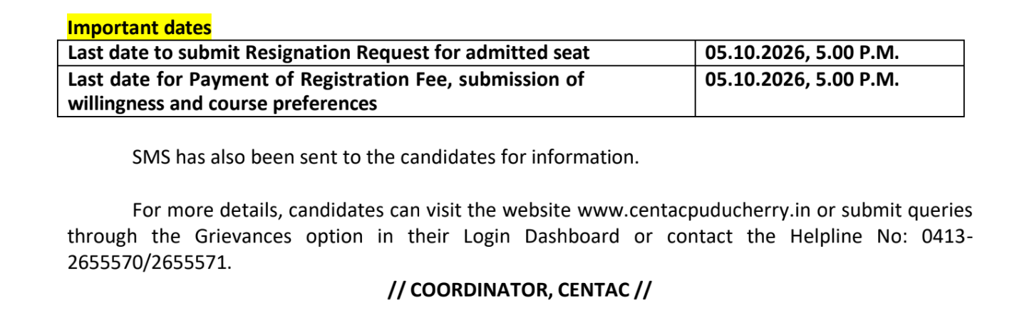 CENTAC NEET UG 2026&nbsp;Important Dates