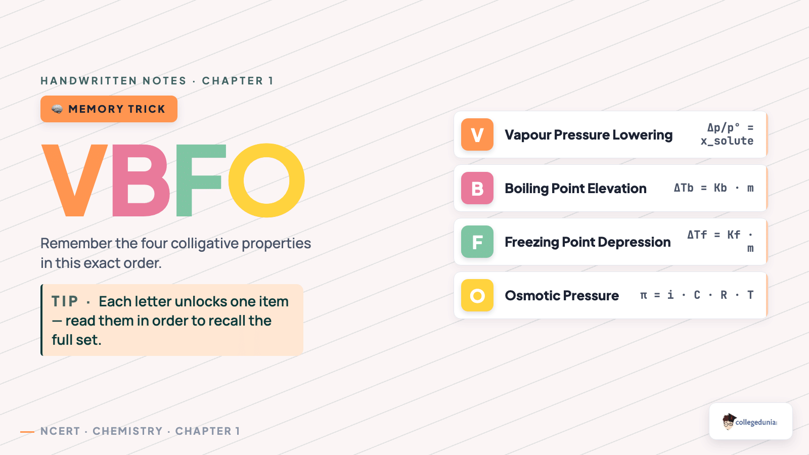 VBFO mnemonic for the four colligative properties of solutions
