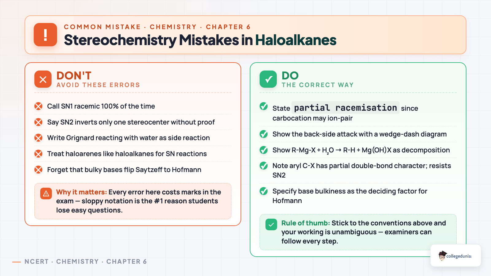 Stereochemistry mistakes in haloalkanes - Dont versus Do checklist for SN1 racemisation, SN2 inversion and Grignard handling