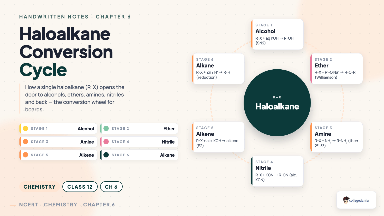 Haloalkane conversion cycle - R-X converts to alcohol, ether, amine, nitrile, alkene and alkane via different reagents