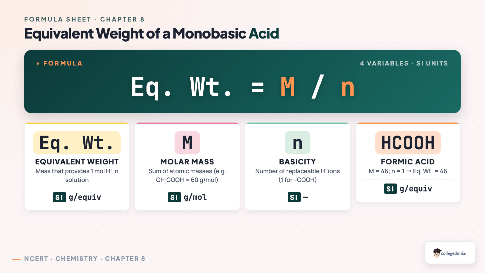 Equivalent weight formula breakdown for monobasic carboxylic acids - Class 12 Chemistry