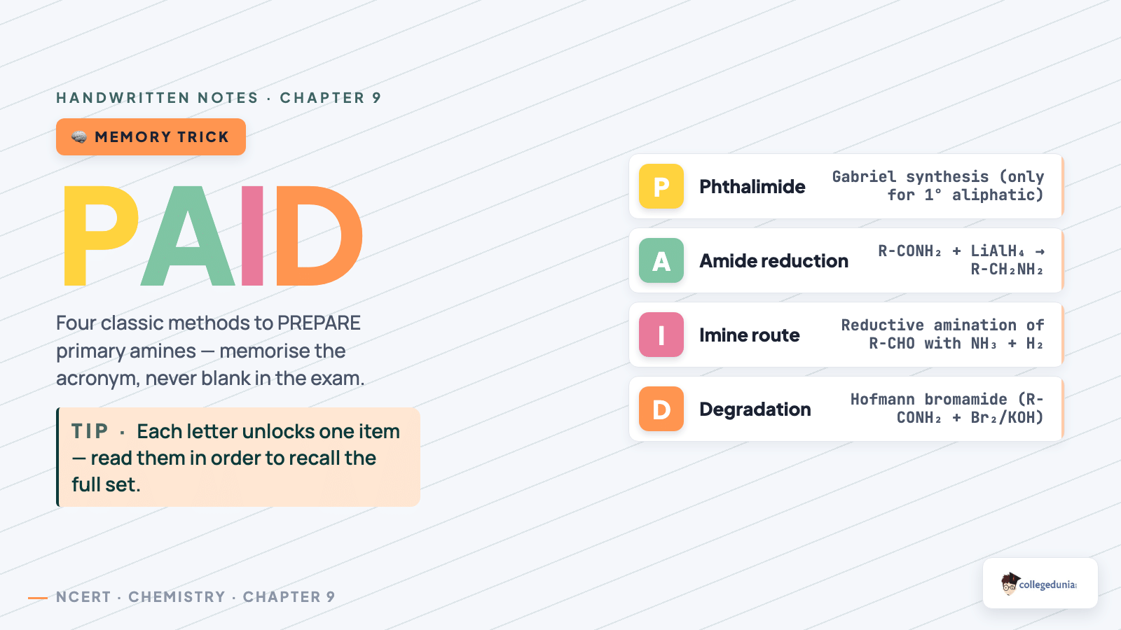 PAID mnemonic for preparation of primary amines — Phthalimide Amide Imine Degradation — Class 12 Chemistry Chapter 9