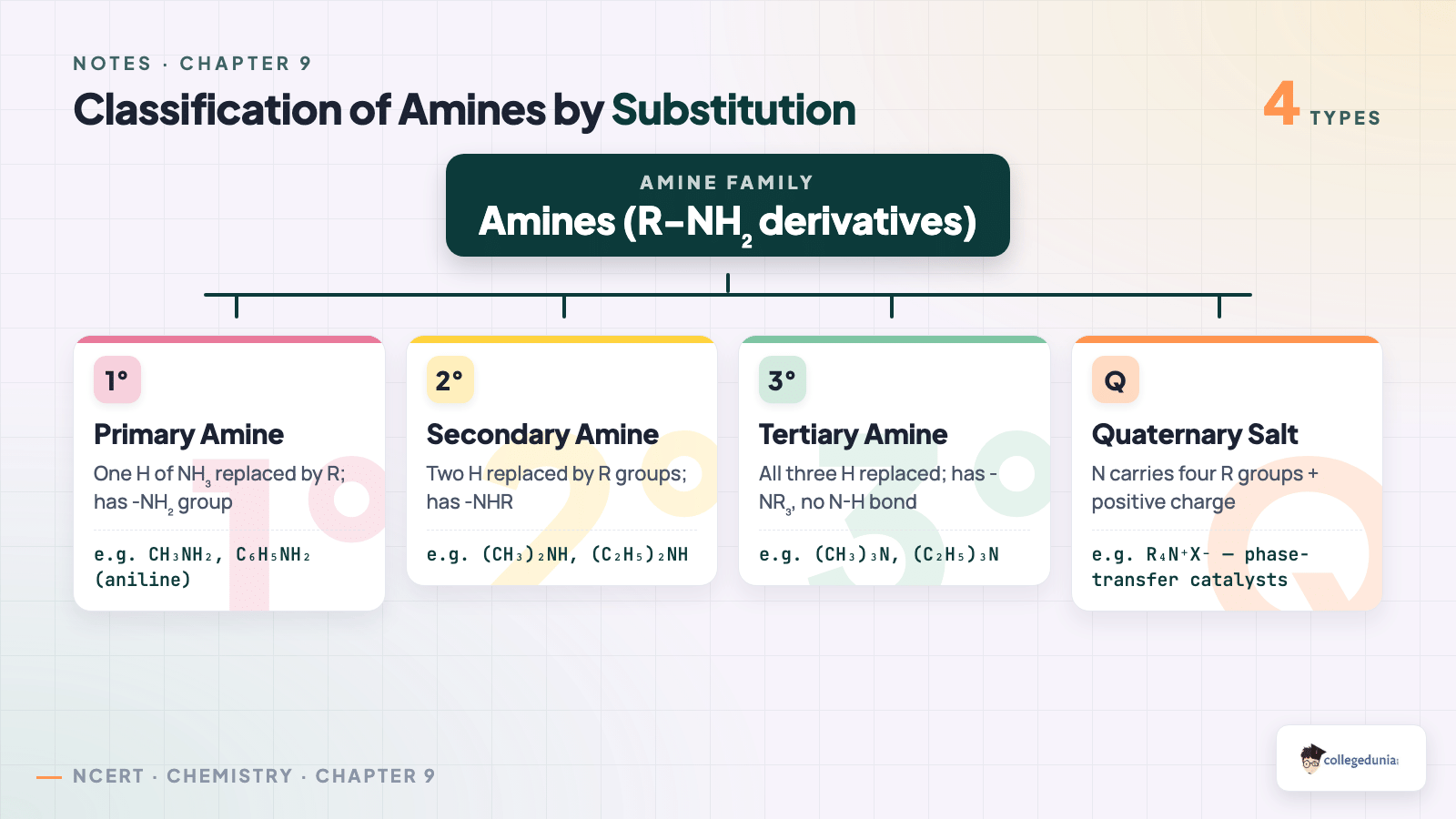 Classification of amines into primary, secondary, tertiary and quaternary salts — Class 12 Chemistry Chapter 9