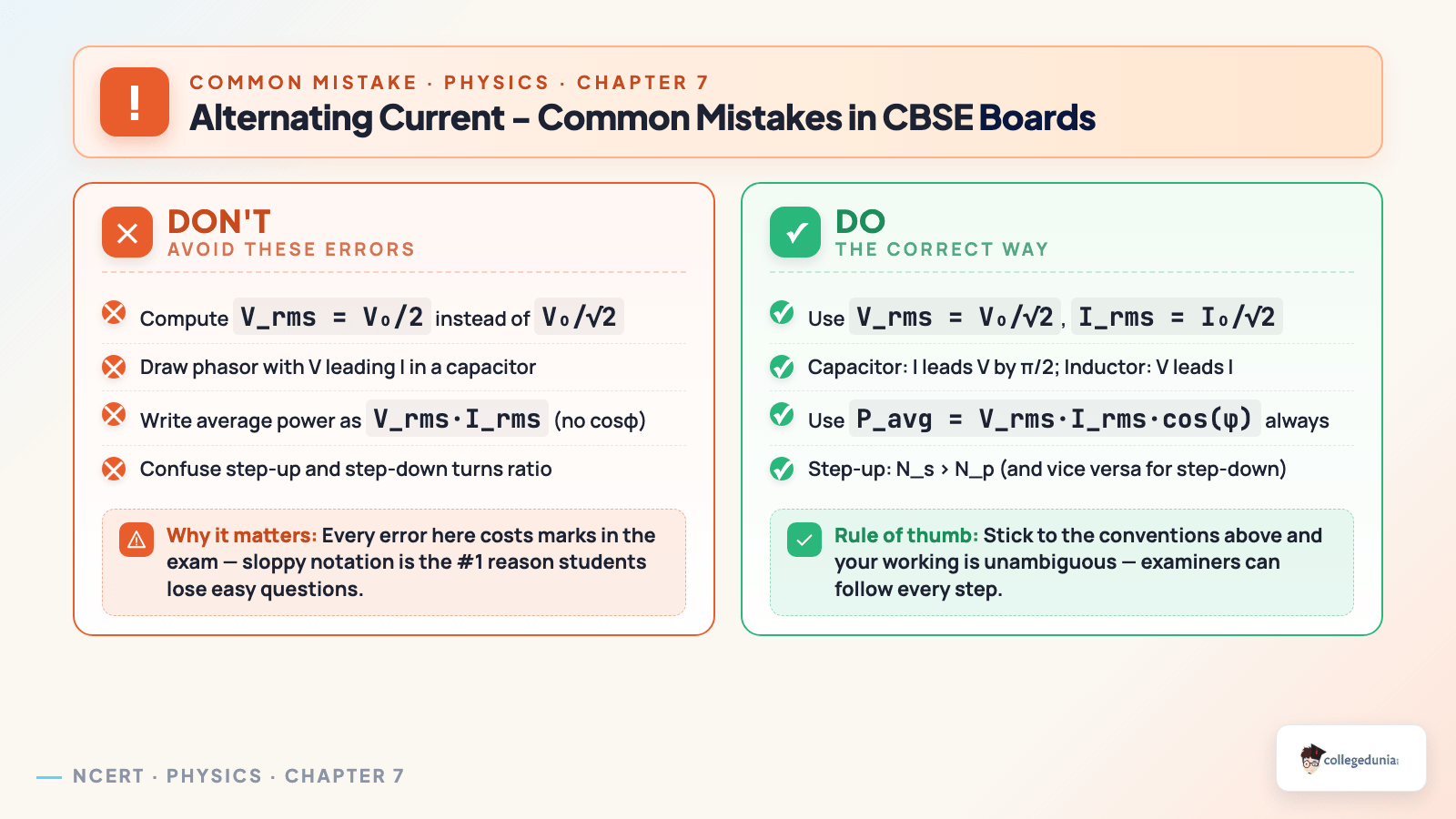 Alternating Current CBSE board common mistakes - Don't vs Do