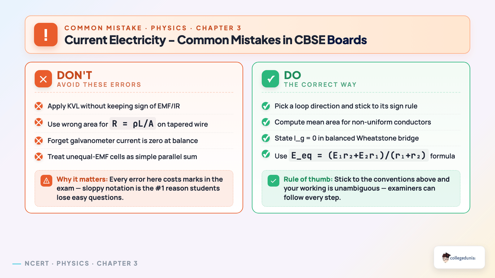 Current Electricity CBSE board common mistakes - Don't vs Do