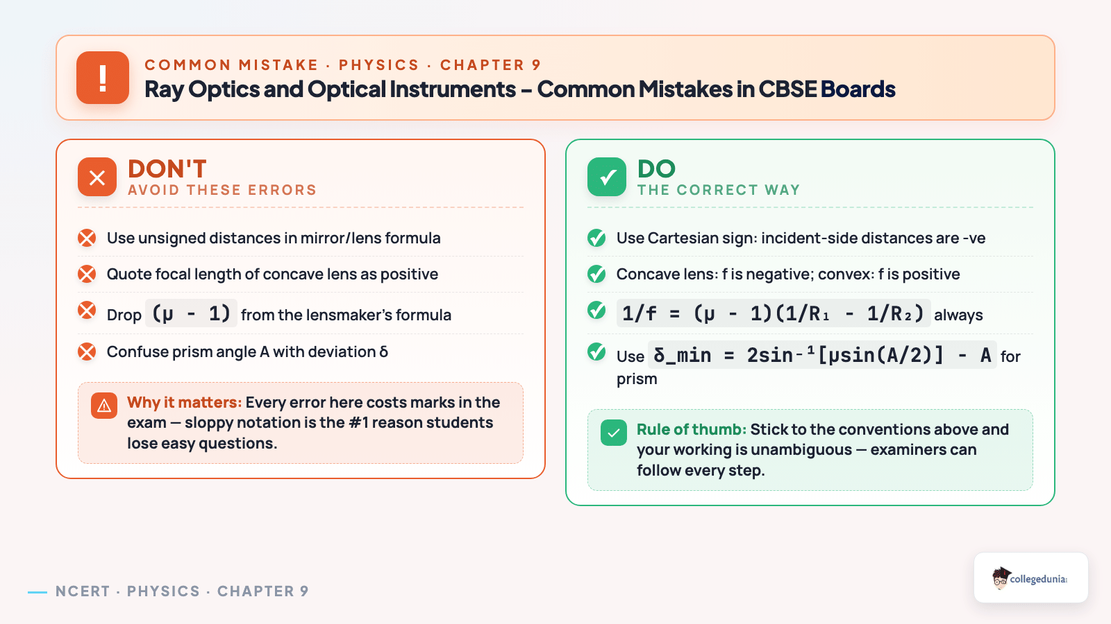 Ray Optics and Optical Instruments CBSE board common mistakes - Don't vs Do