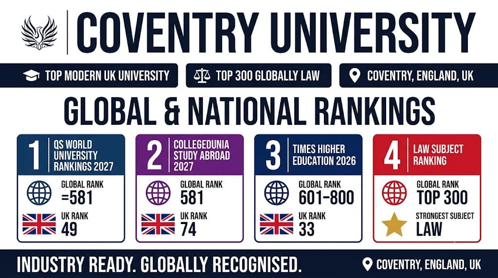 A university ranking infographic for Coventry University in Coventry, England, highlighting its modern status, top law program, and key national and global rankings. The image features:  A large title: COVENTRY UNIVERSITY  A 