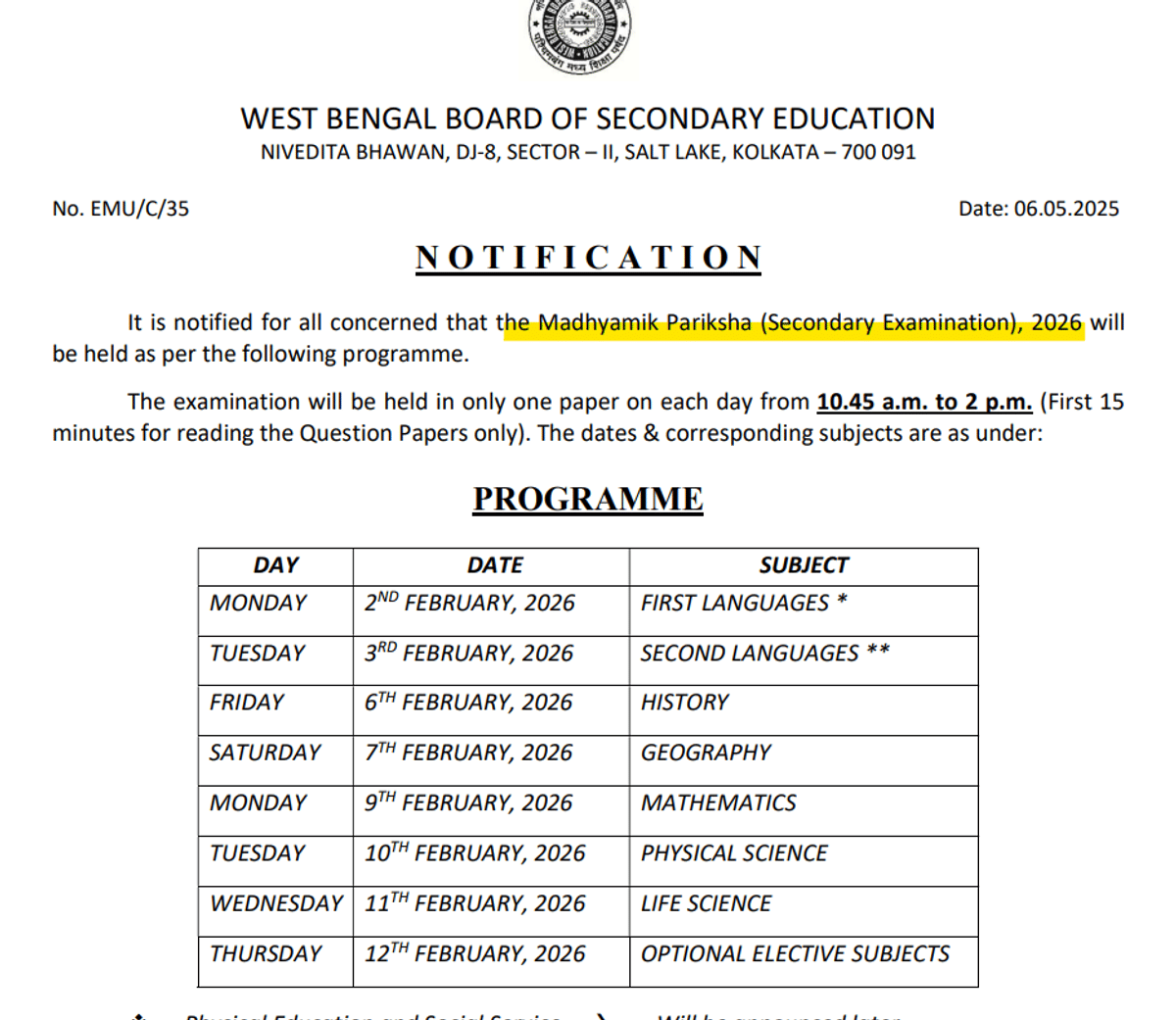 WBBSE Madhyamik Exam 2026 Routine