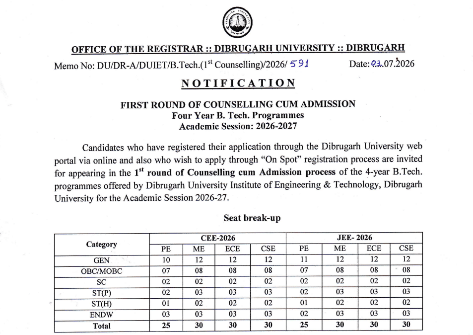 Dibrugarh University BTech Round 1 Counselling on July 17