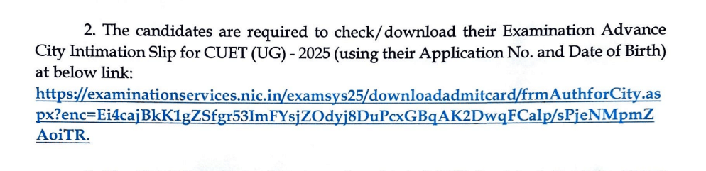 CUET UG City Intimation Slip 2026 Official Notification 