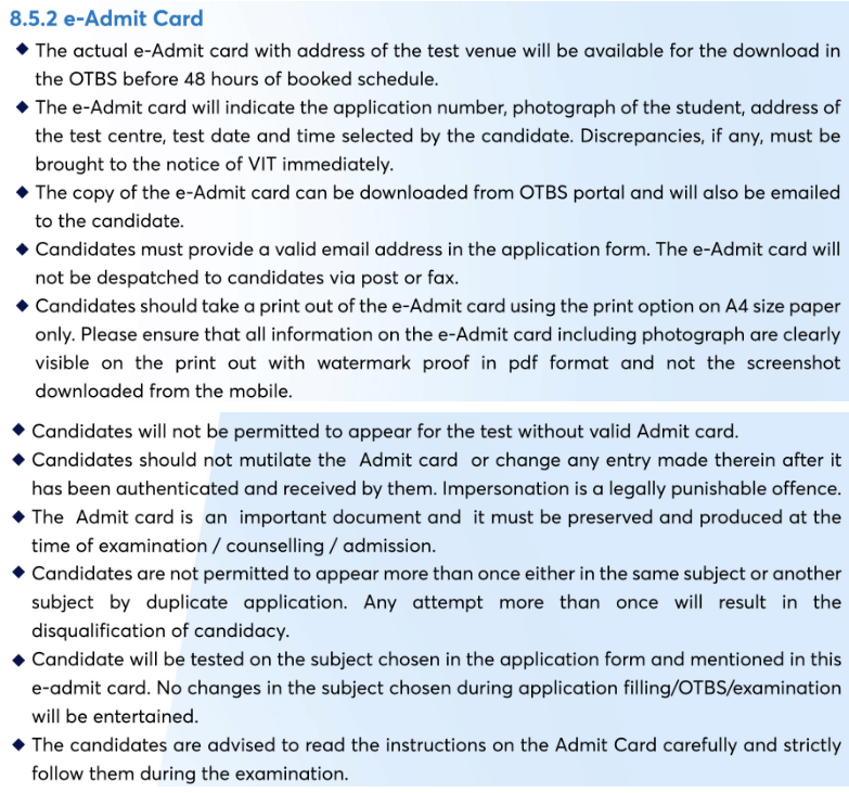 VITEEE Slot Booking: Admit Card Generation