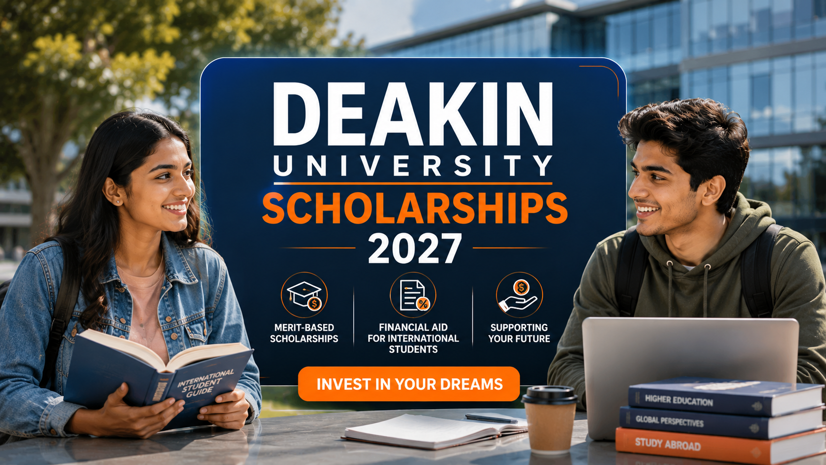 Deakin University Scholarships 2027 graphic featuring Indian students with books and a laptop on campus, highlighting merit-based scholarships and financial aid for international students.