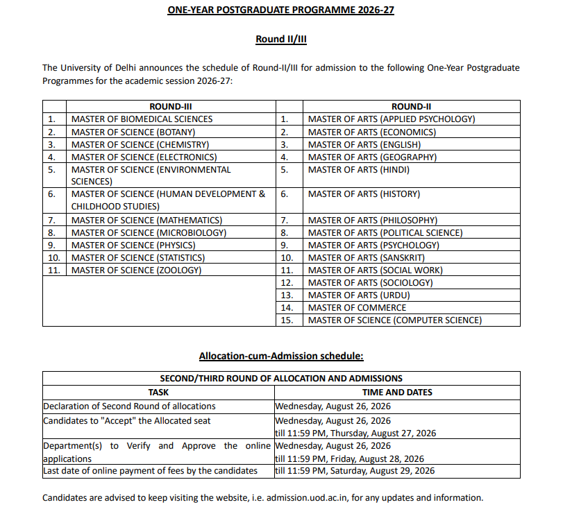 DU One Year PG Round 2 and Round 3 Important Dates